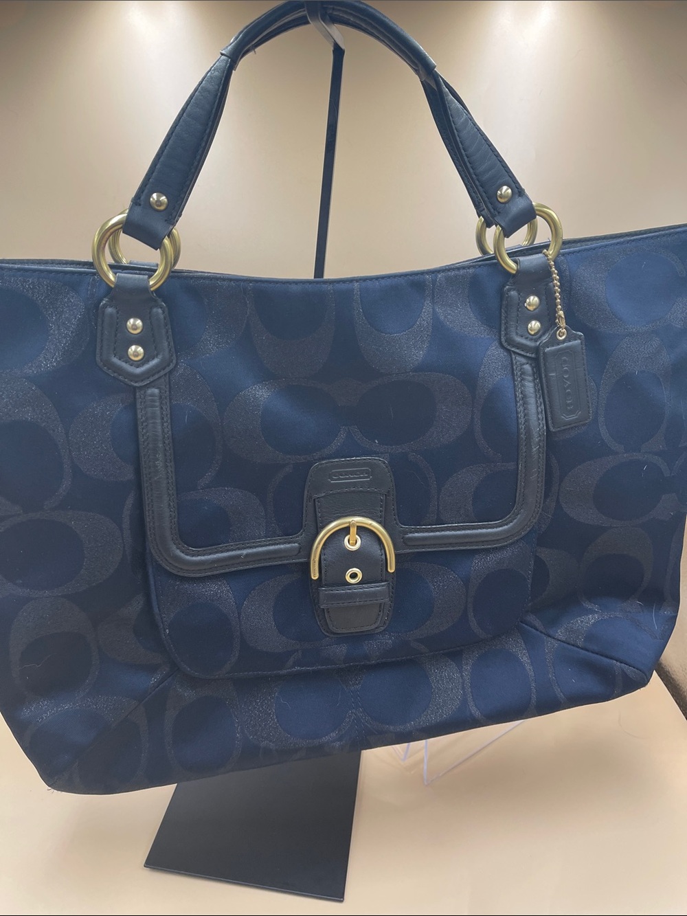 Coach Navy Signature Canvas Tote with Gold Buckle Accents